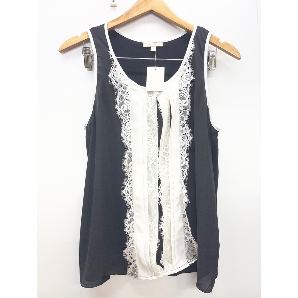 Pleione Womens Black Lace Trim Pleated Sleeveless Blouse Top Size M NWT